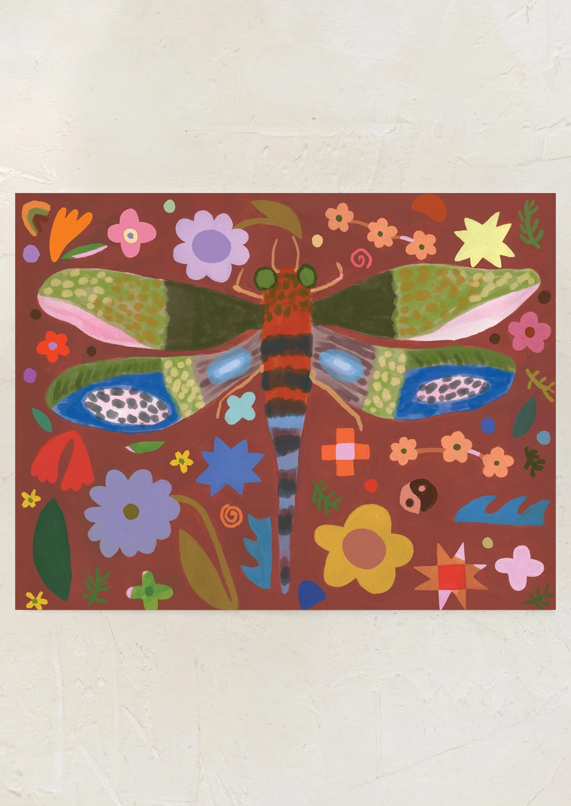 A colorful art print of a depiction of a dragonfly, surrounded by colorful shapes and icons.