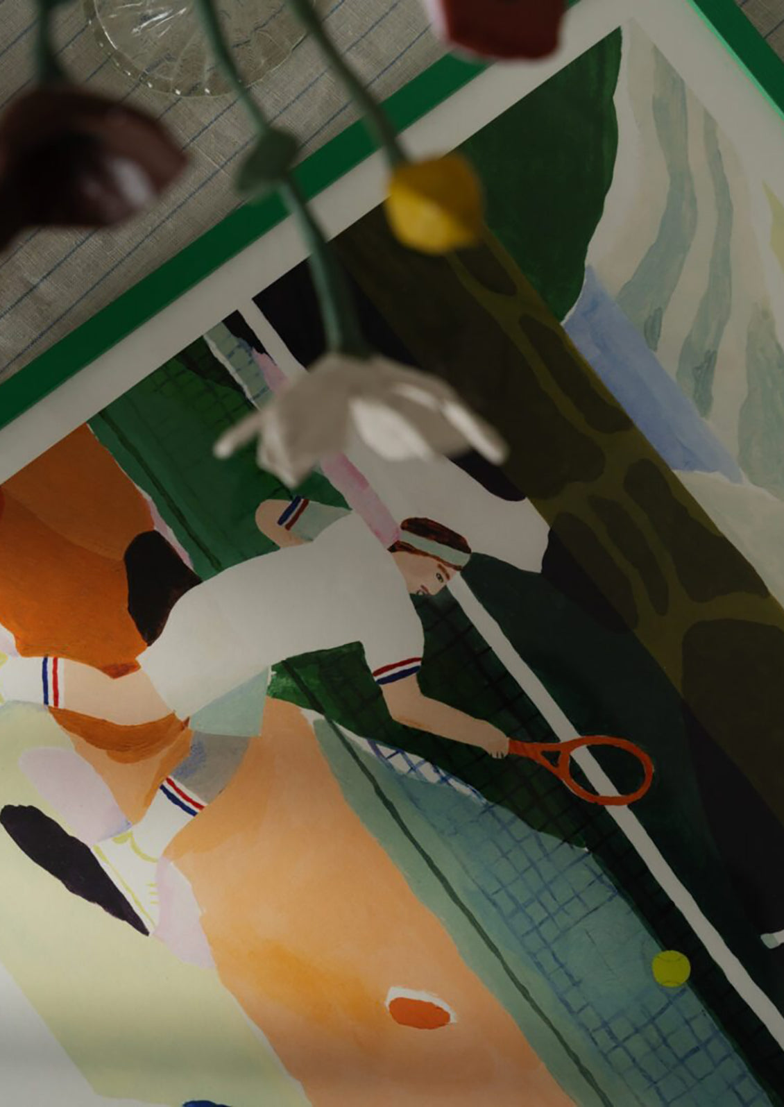 An art print of a painting of two people playing tennis amidst colorful scenery.