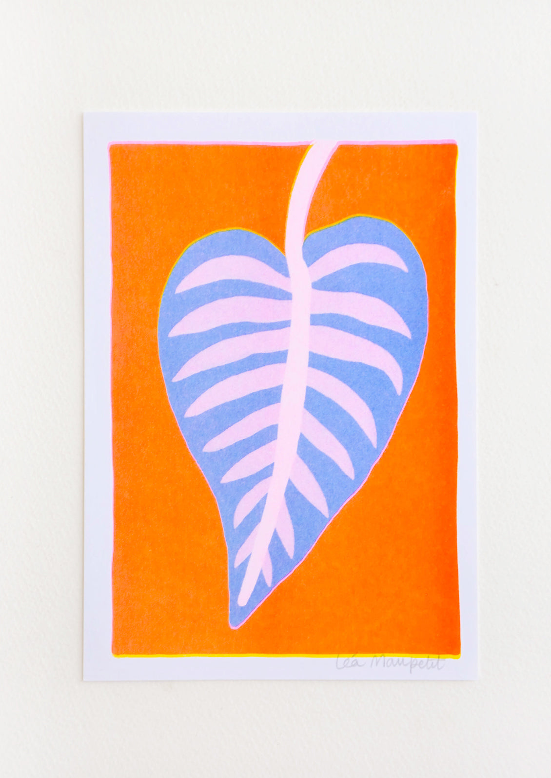 Risograph art print with neon orange background and purple and pink calathea leaf.