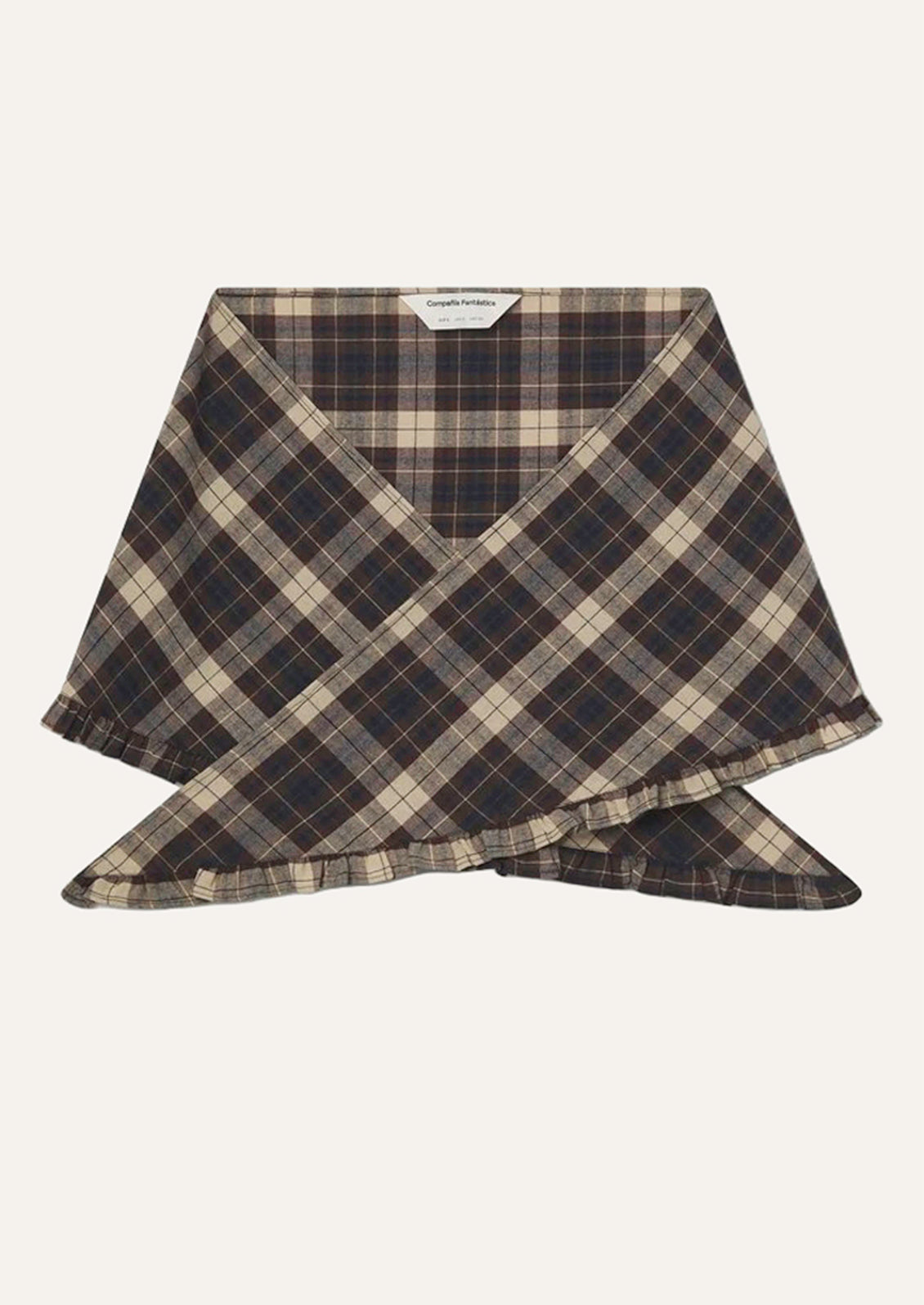 A cotton scarf with ruffle trim in brown plaid pattern.