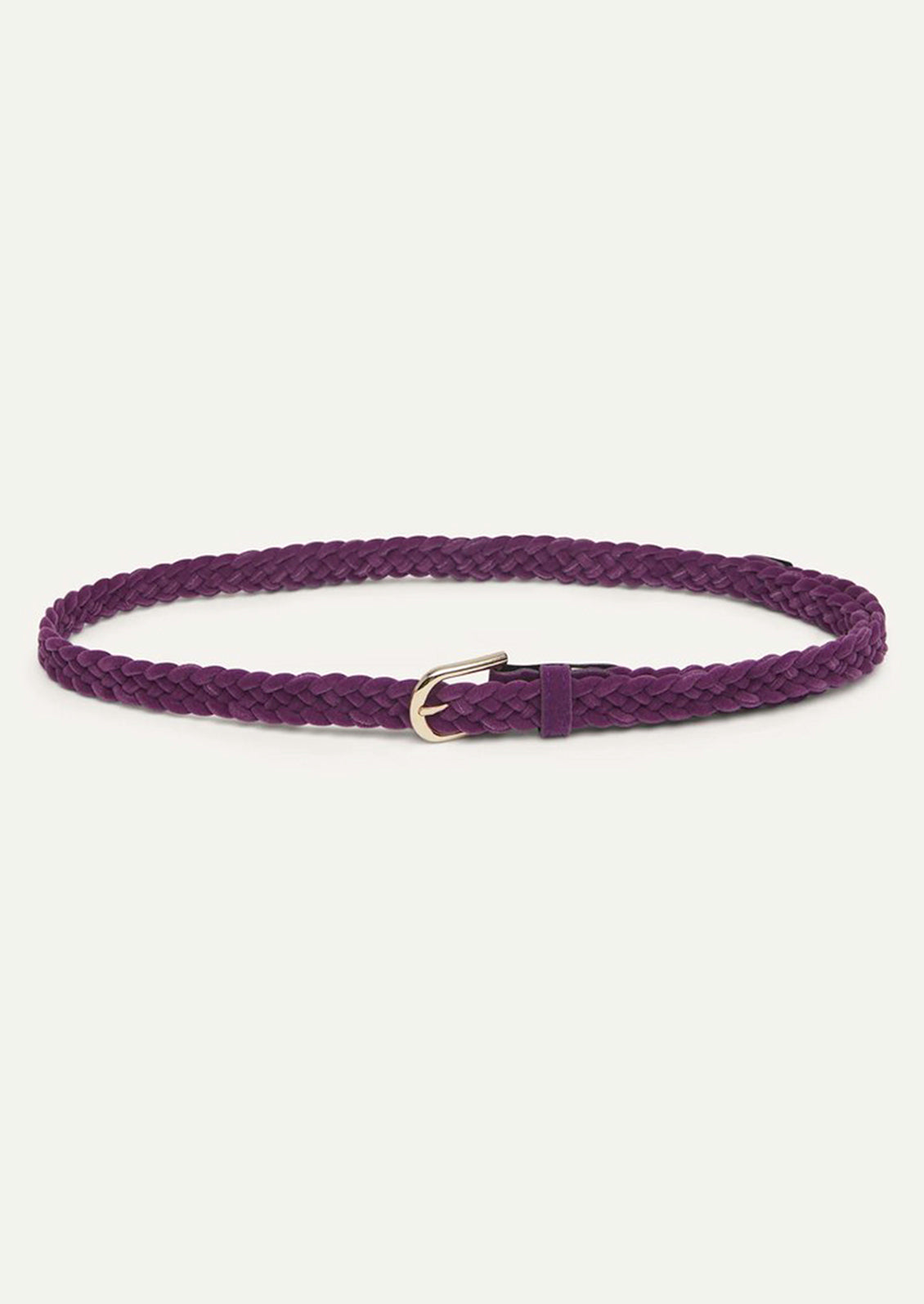 A slim braided belt in a deep purple color.