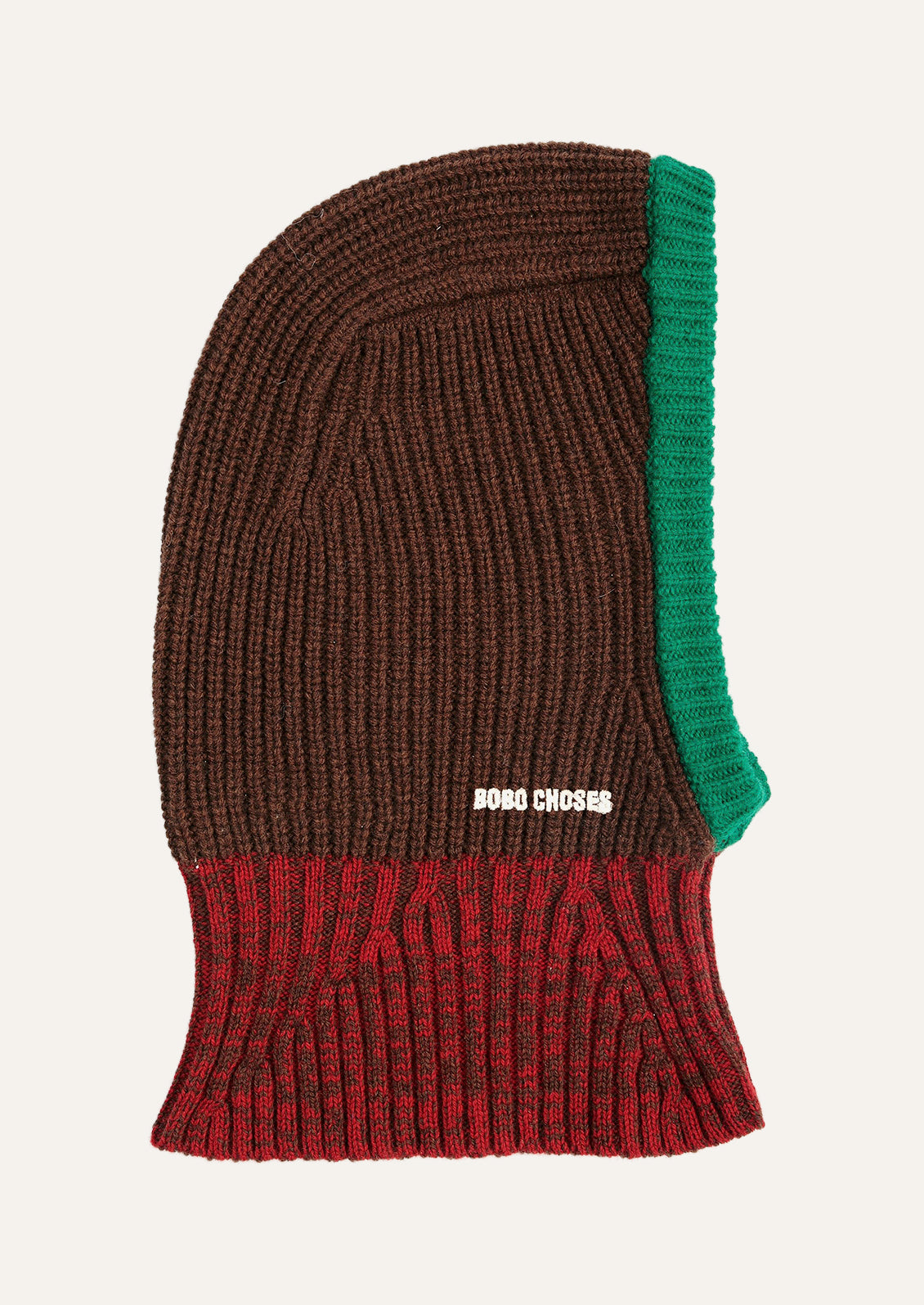 A brown, red, and green color block balaclava with a ribbed knit design.