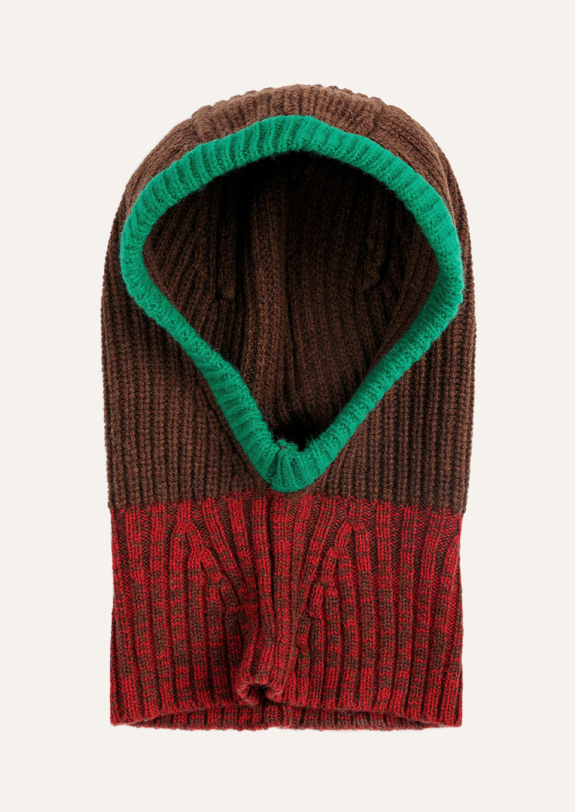 A brown, red, and green color block balaclava with a ribbed knit design.
