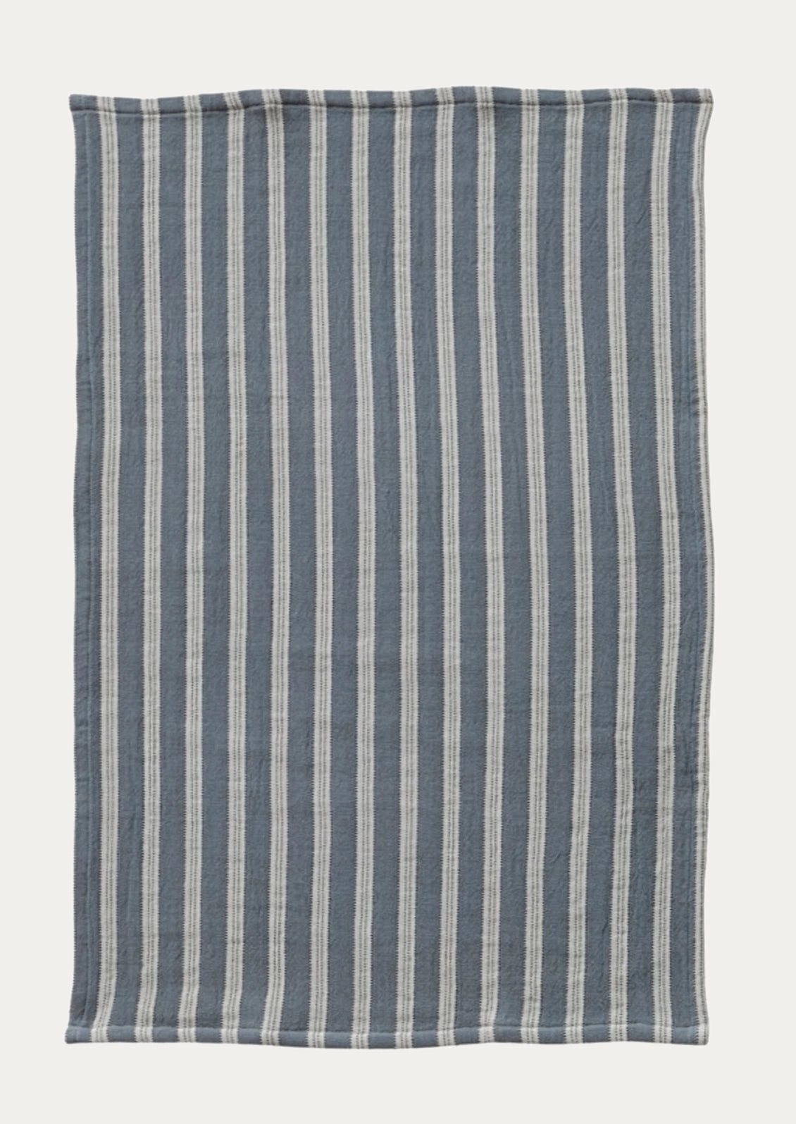 A woven kitchen towel in blue and white stripe.