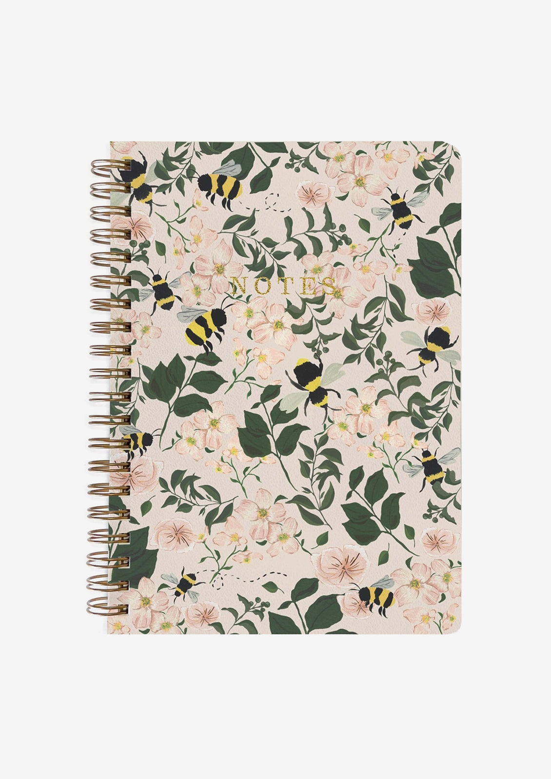 A spiral bound notebook with bumblebee illustrated cover.