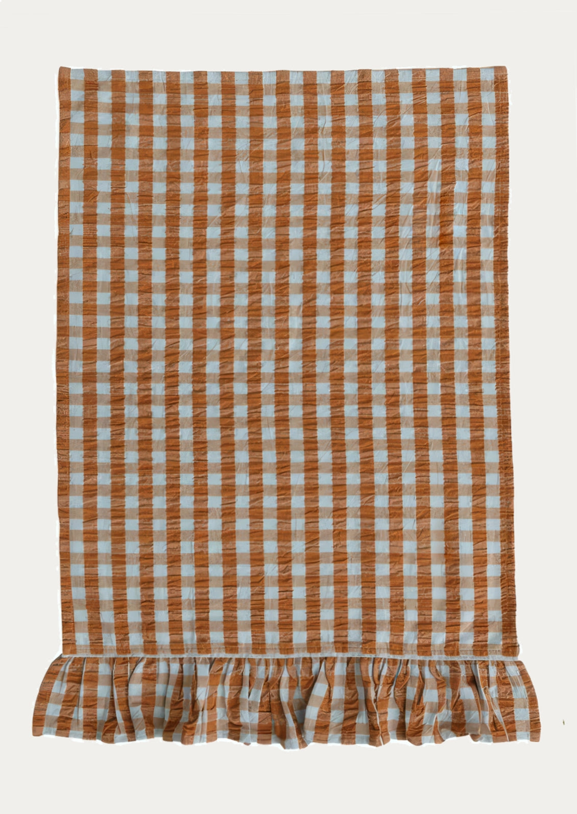 A two-tone gingham tea towel in turquoise and clay with ruffle trim on bottom.