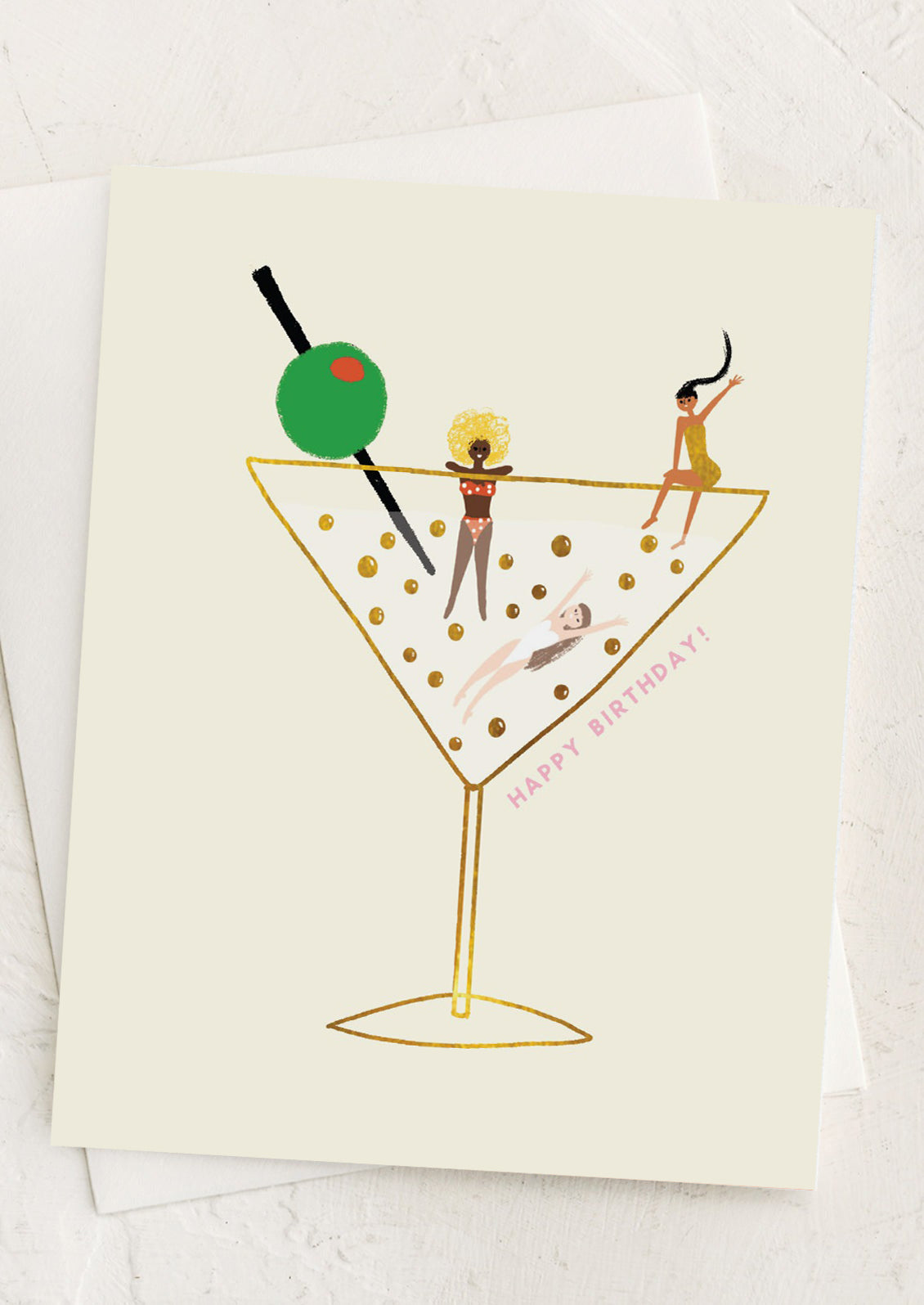 A card with illustration of women dancing in a martini glass.