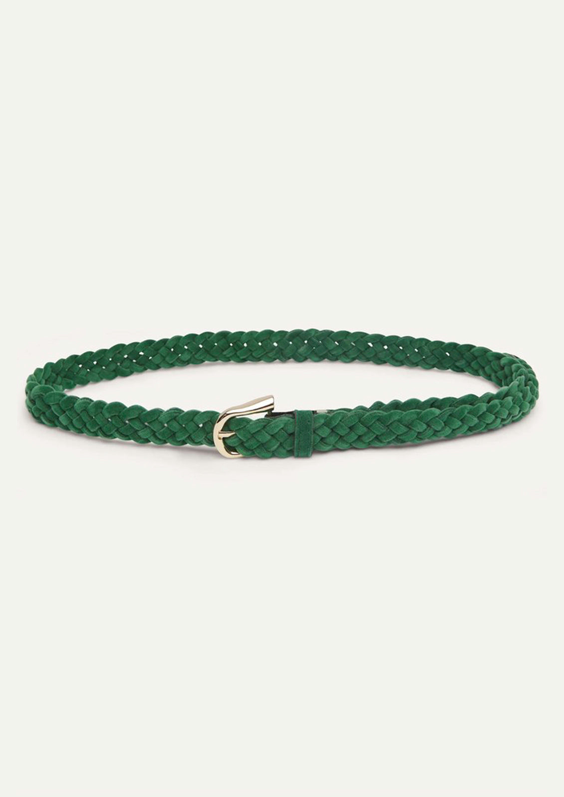A slim braided belt in an emerald green color.
