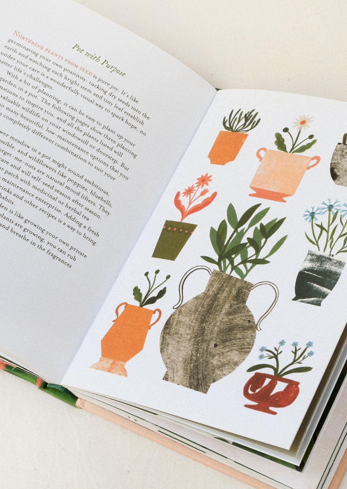 An open book on a table showing two pages, one with text on how to "Pot with Purpose" and the other featuring illustrations of plants in various vases.