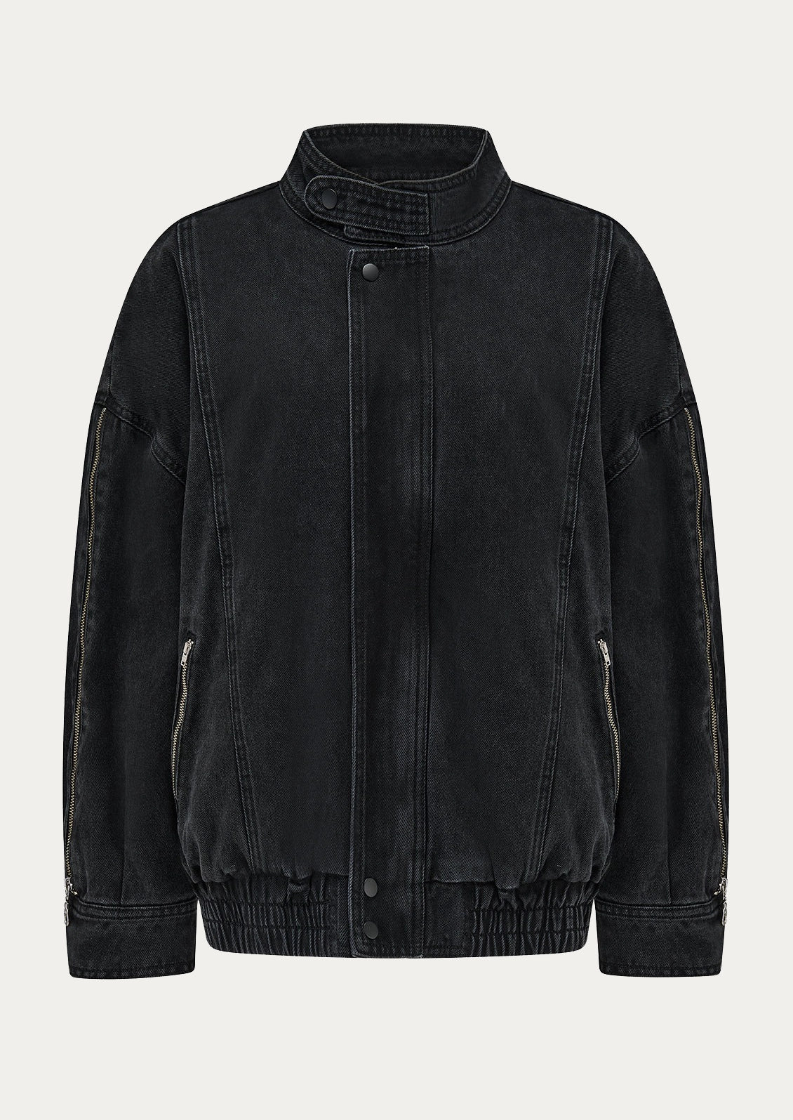 A black washed denim jacket with a high stand-up collar, front snap closure, and zippered side pockets, shown against a light gray background.