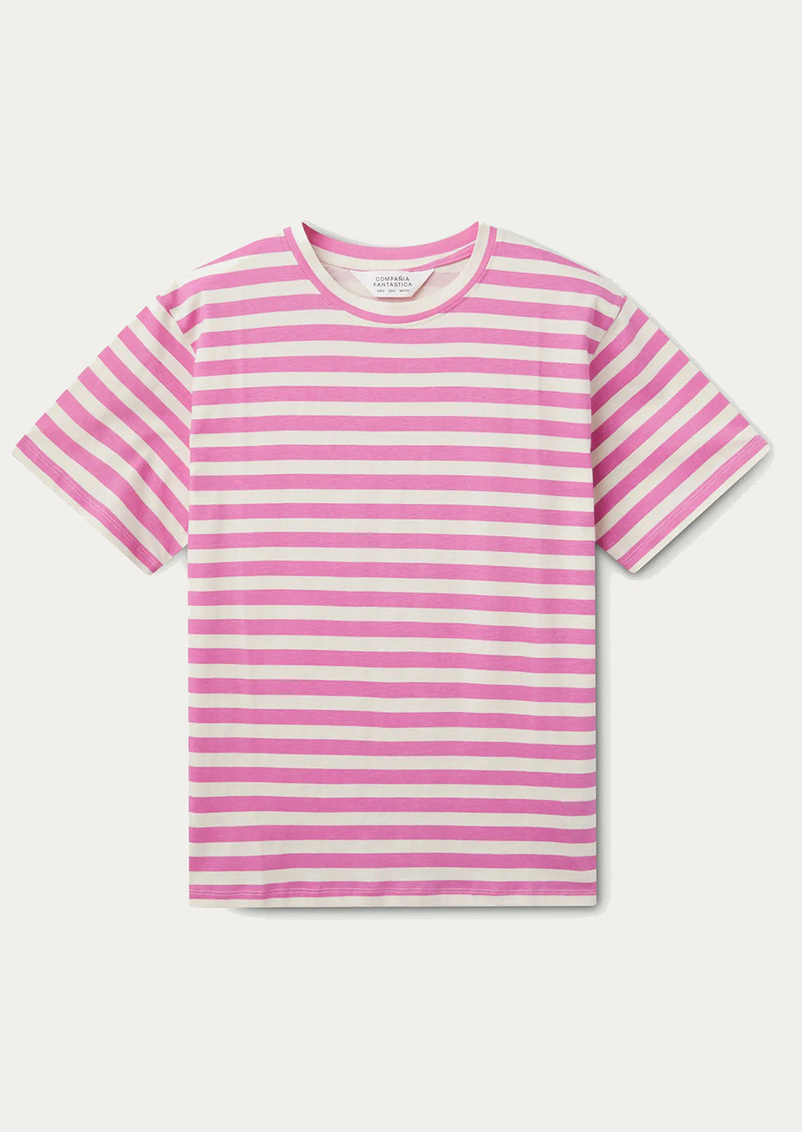 A striped short sleeve t-shirt in pink and white.