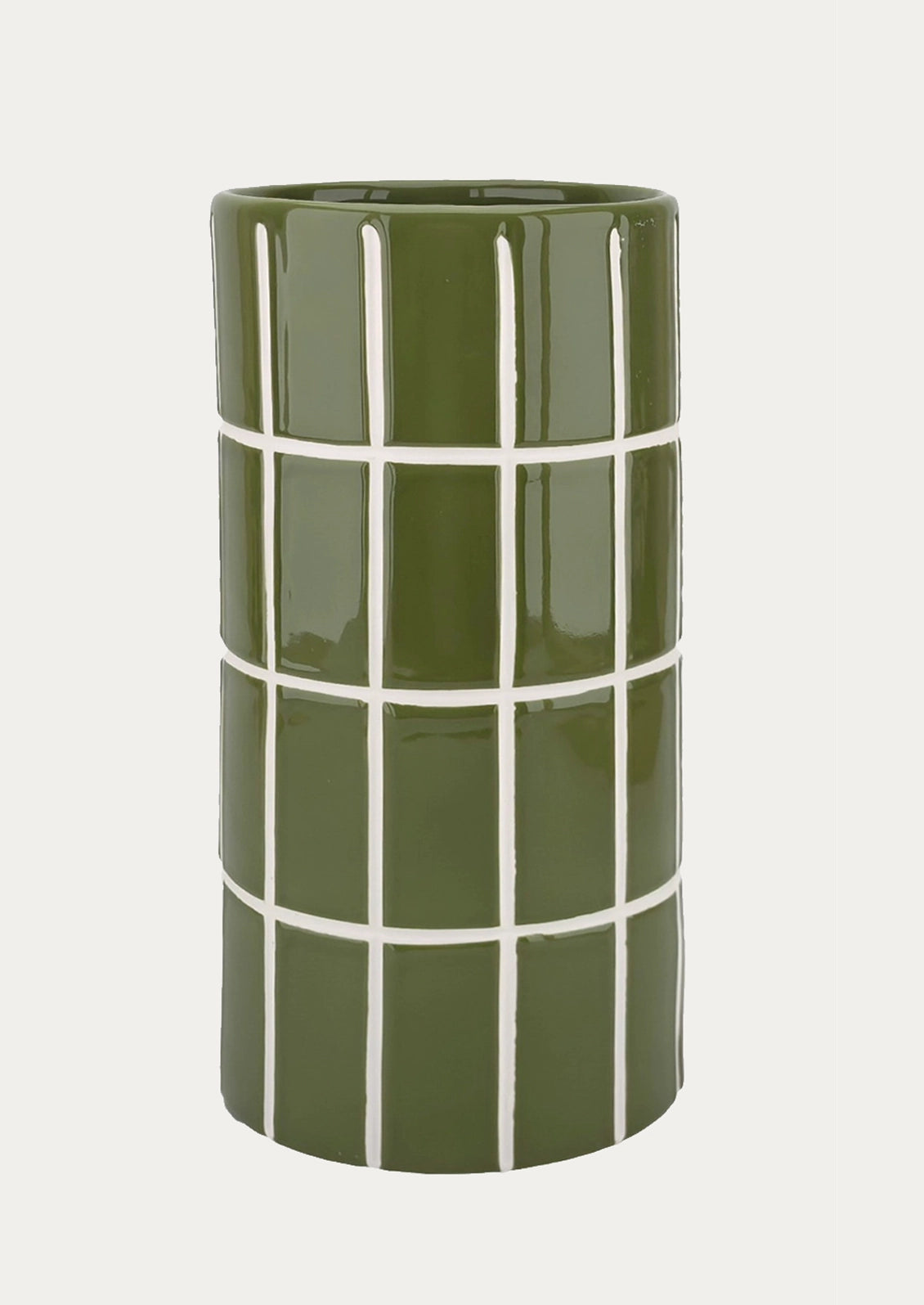 A tall, cylindrical ceramic vase in an olive green color, decorated with a white grid pattern.