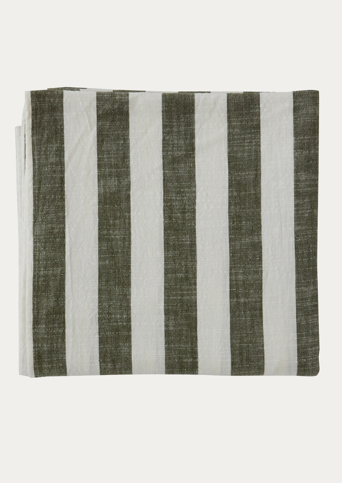 A cotton tablecloth in green and white stripe pattern.