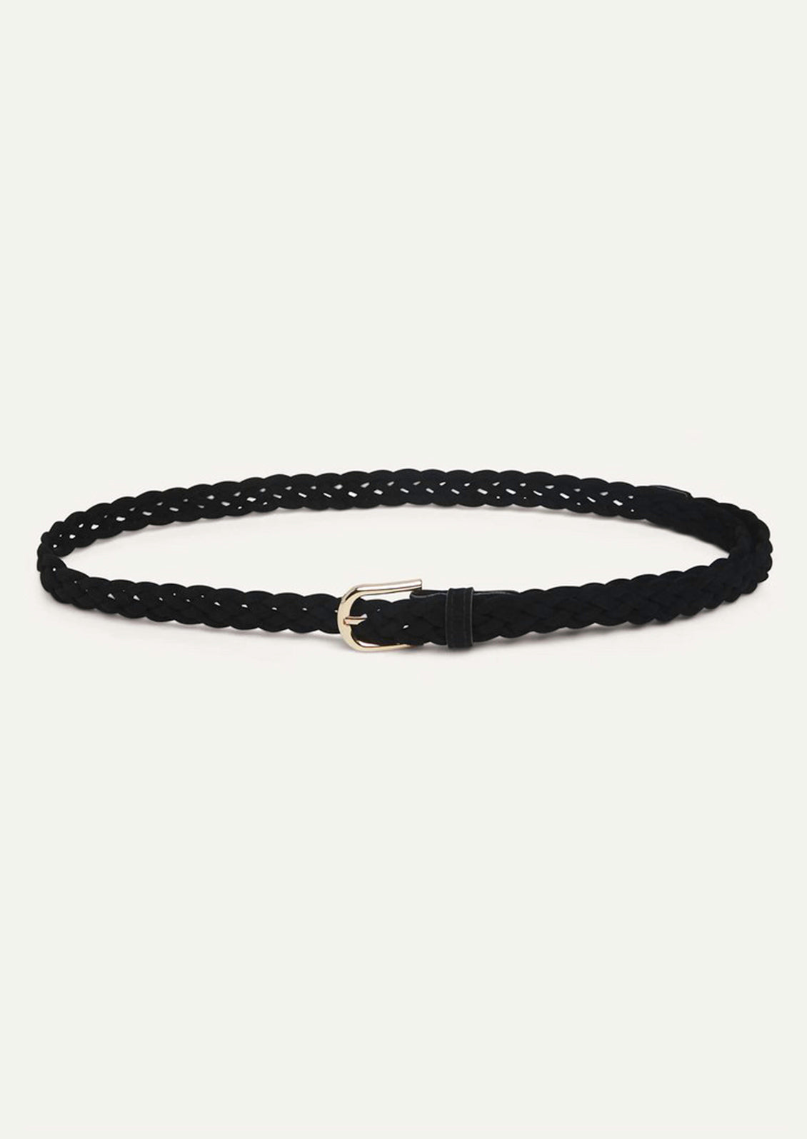 A slim braided belt in a black color.