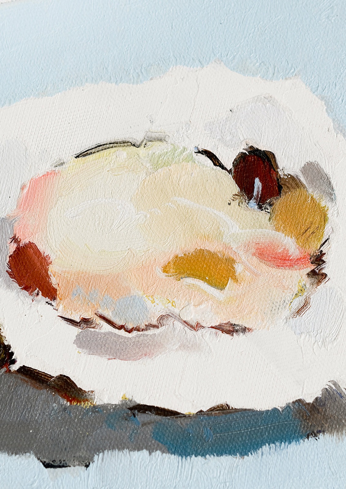 An original oyster still life painting on blue background.