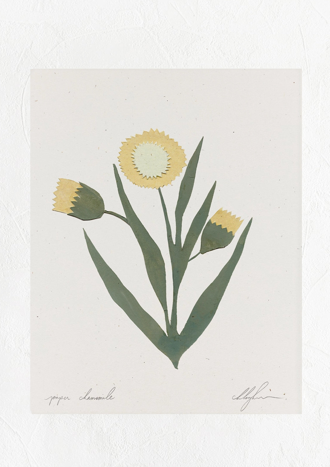 An art print of paper cutting depicting a yellow chamomile flower.