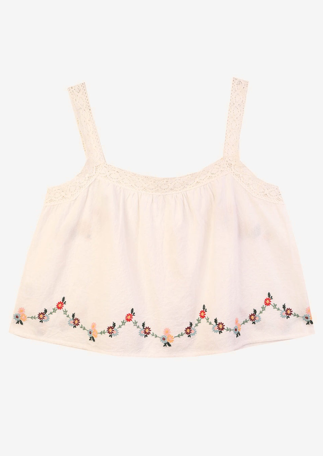 A white cotton shirt with multicolor floral embroidery.