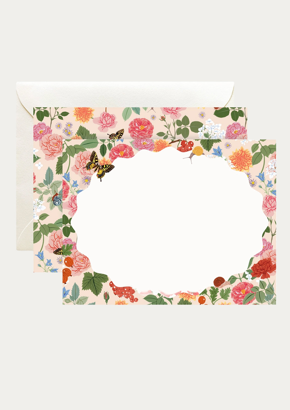 A set of notecards with butterfly floral pattern.
