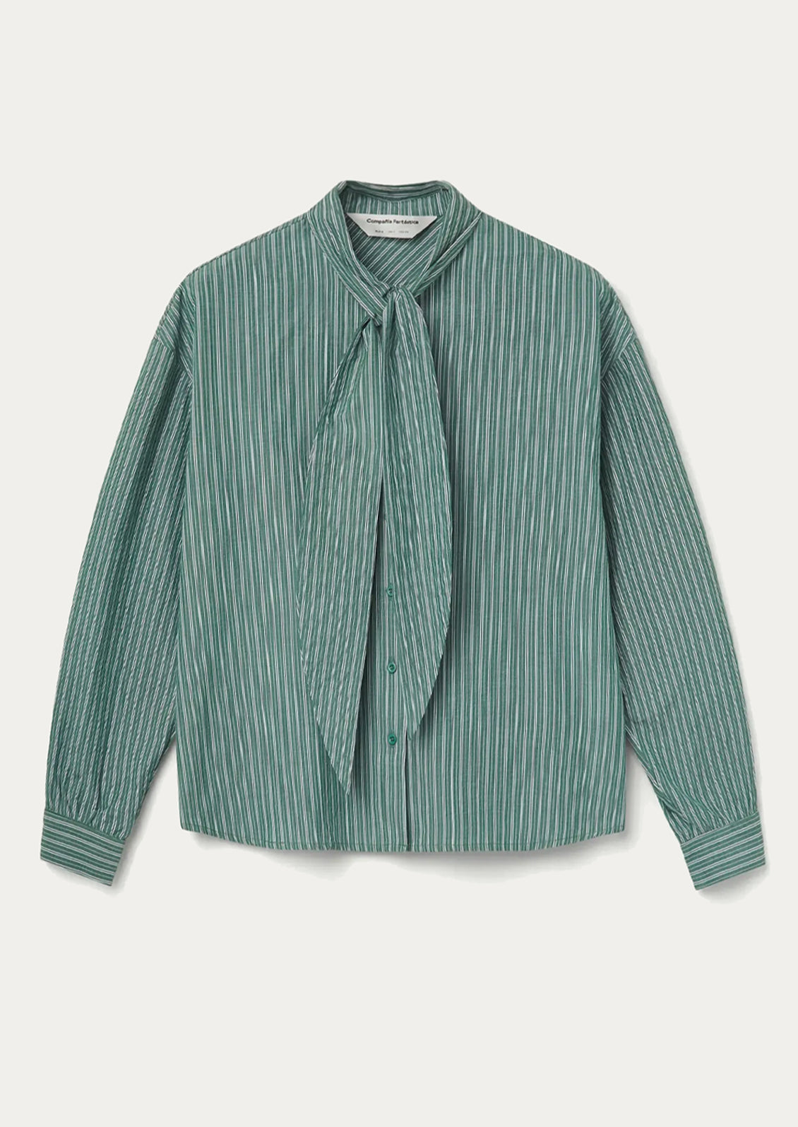 A long sleeve blouse with neck tie detail, in allover green and white stripe.