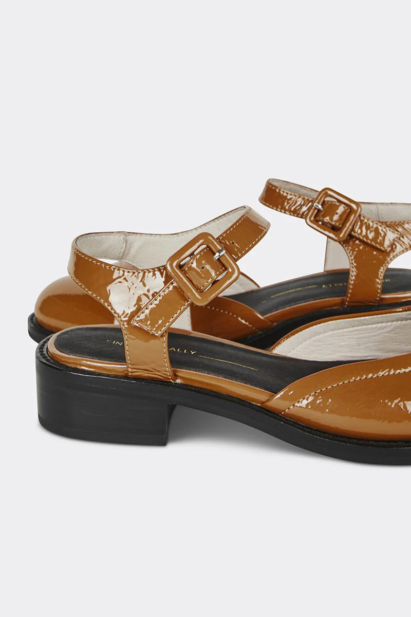 A pair of mary jane shoes with block heel in brown patent leather.