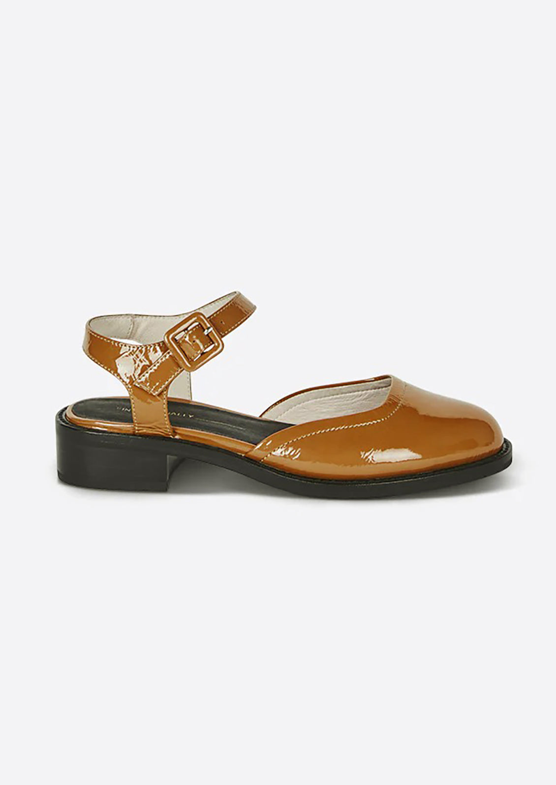 A pair of mary jane shoes with block heel in brown patent leather.