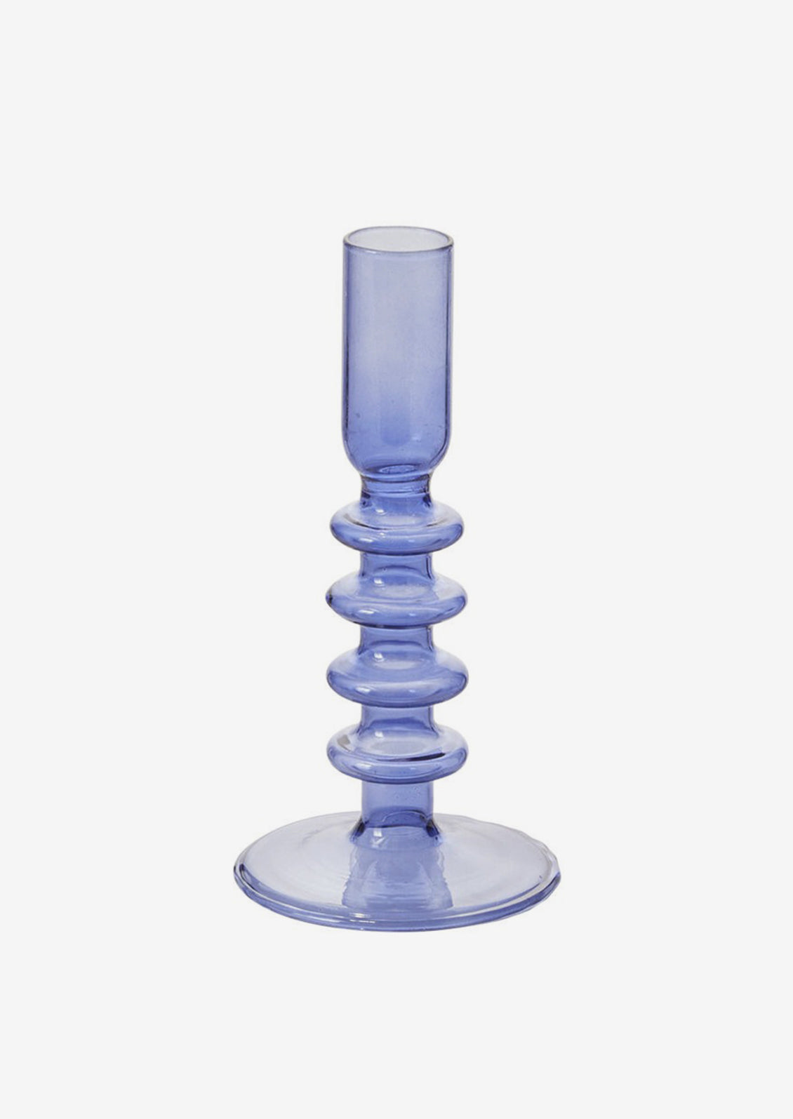 A short glass handle holder in muted violet hue with ribbed stem.