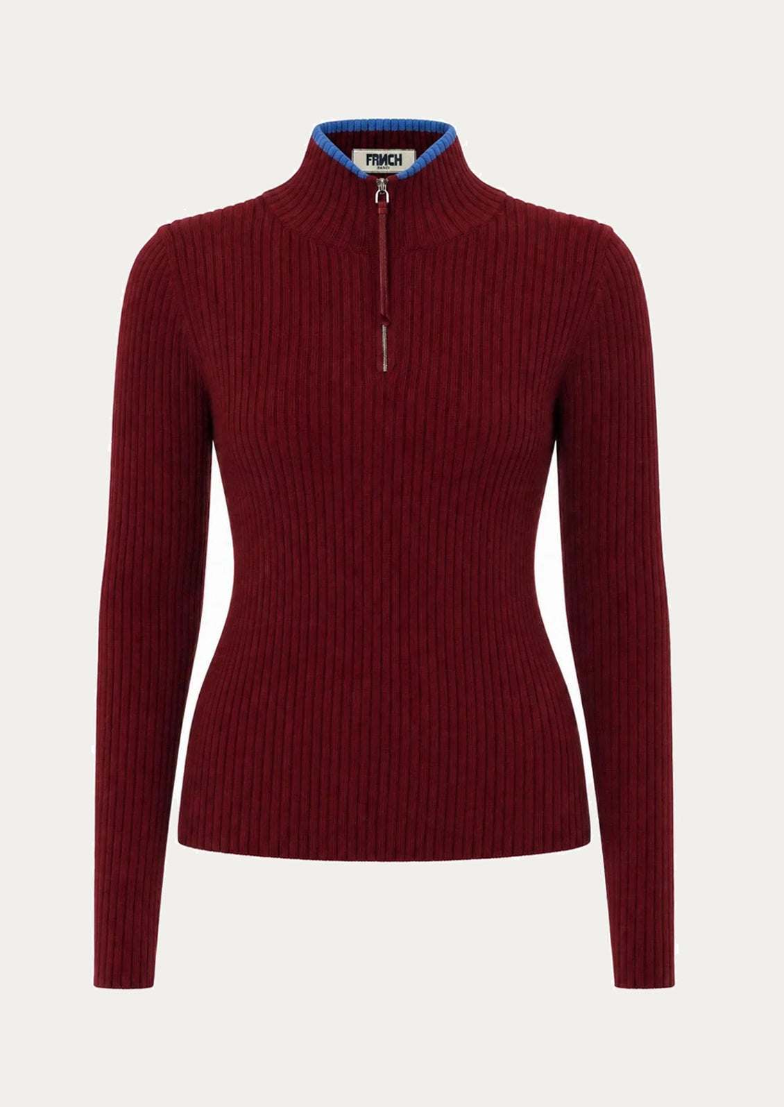 A wine red ribbed sweater with mock neck with small blue trim at edge.