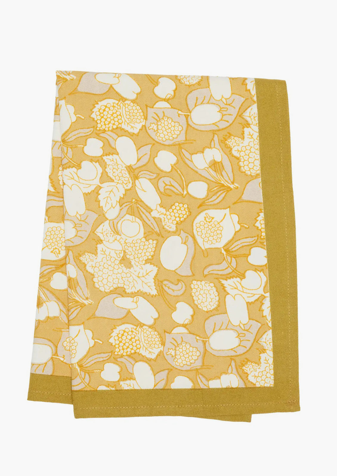 A gold, grey and white fruit print tea towel.