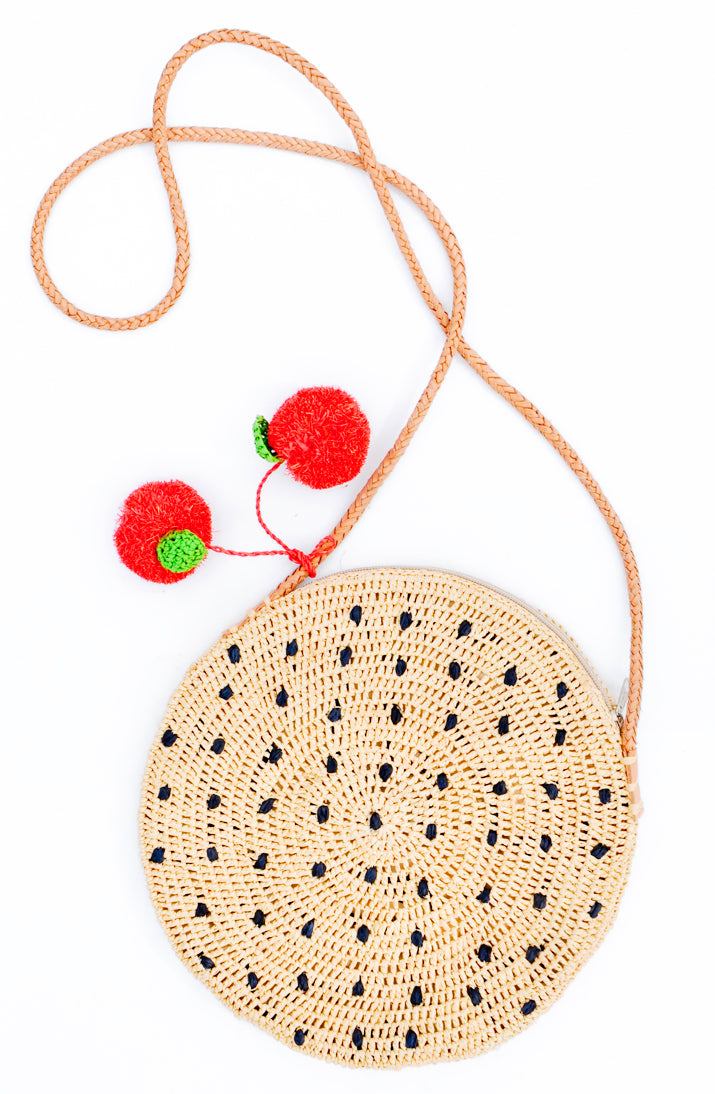 Fruit Pom Straw Crossbody Bag in  - LEIF