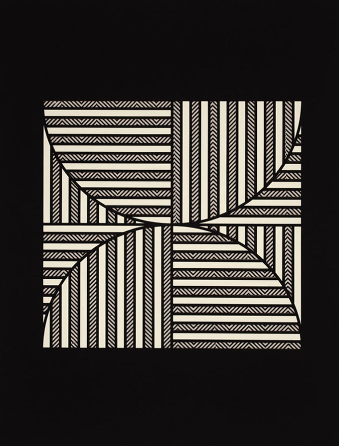 A rectangular black canvas with a central square composed of alternating black and white sections of stripes.
