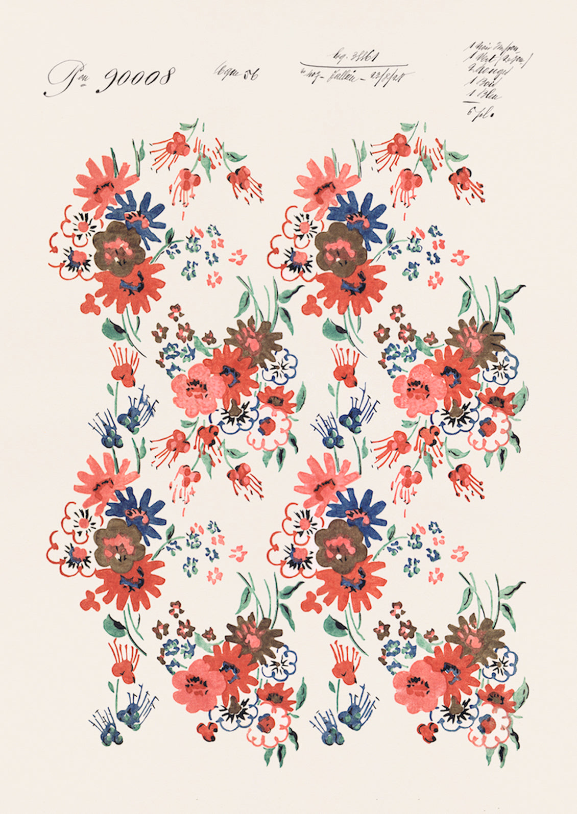 An antique inspired floral poster print in red, pink and blue.