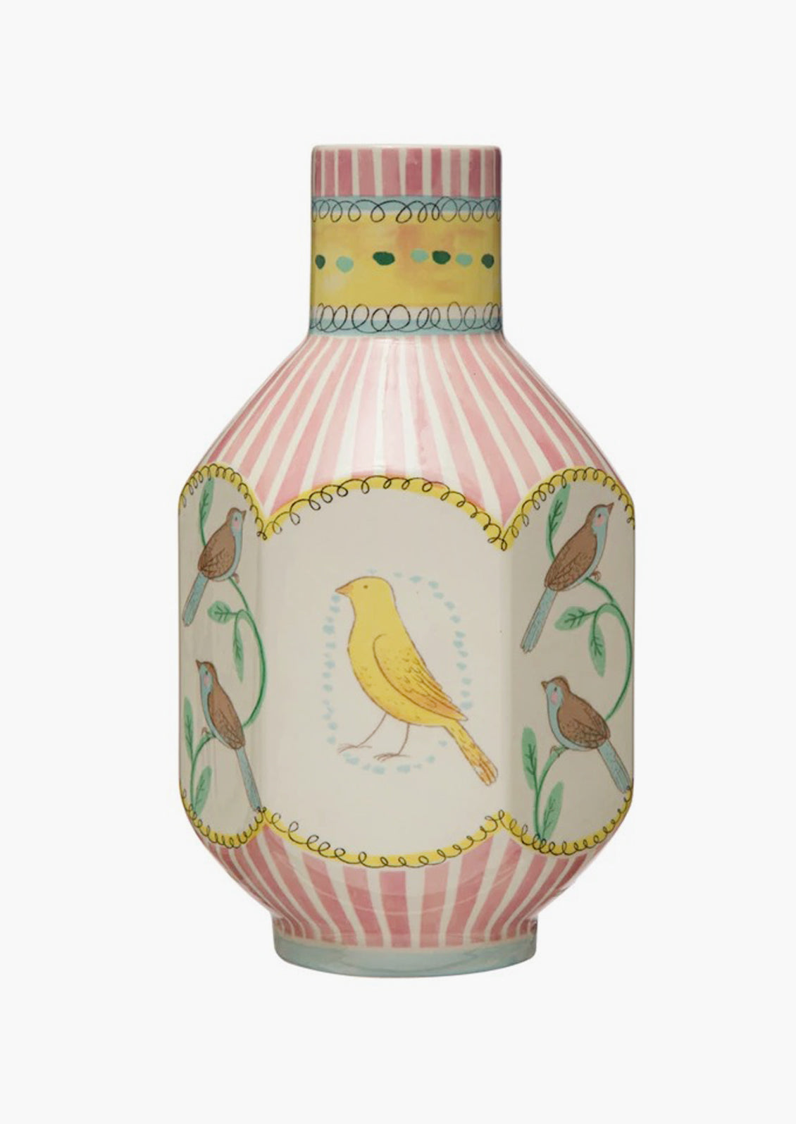 A graphic print vase with pink stripes and three-dimensional shape with bird motif.