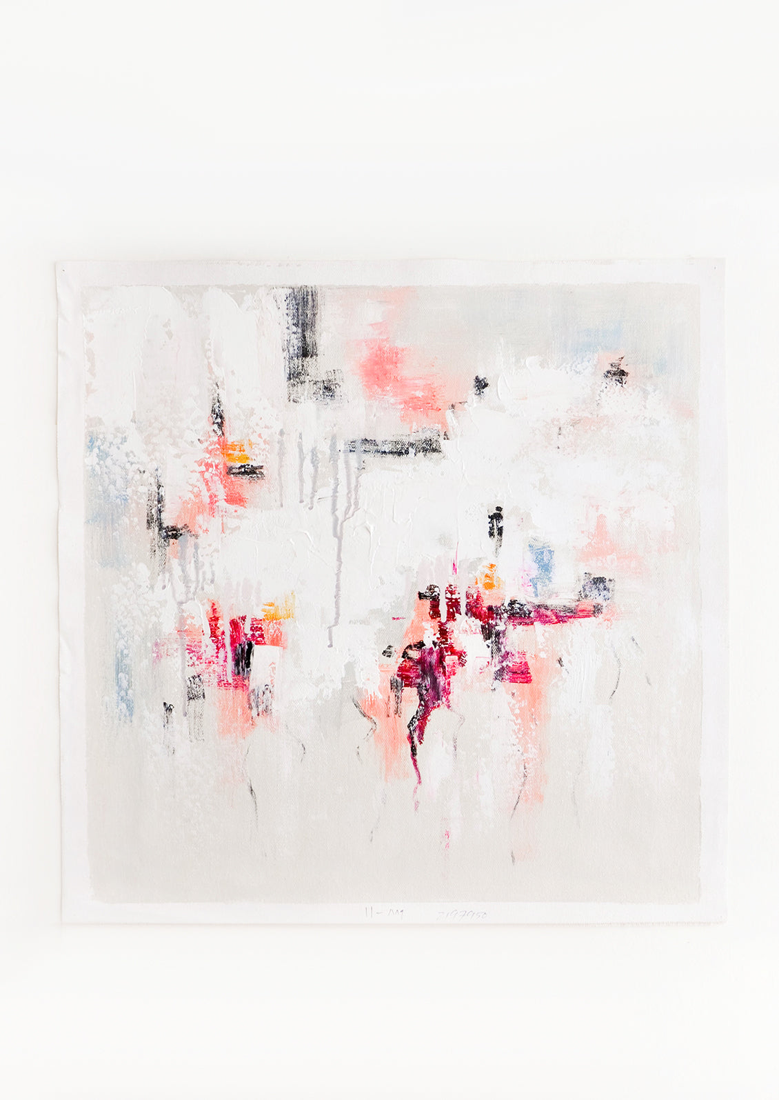 An abstract painting in white with textured strokes in grays and pinks. 